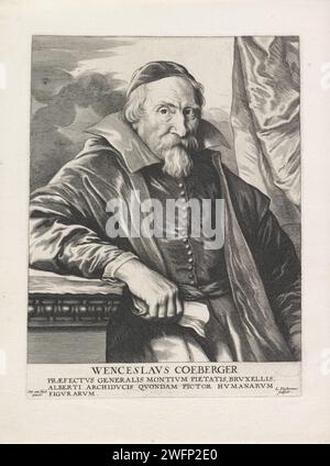 Porträt von Wenzel Coebergher, Lucas Vorsterman (I), nach Anthony Van Dyck, 1646–1675 Druck Porträt des Malers und Architekten Wenzel Coebergher. Nach einem Aufenthalt in Italien, wo die meisten seiner Gemälde entstanden, kehrte er 1601 in die südlichen Niederlande zurück und trat in den Dienst des Erzherzogs Albrecht und Isabella. Antwerpener Papiergravur Stockfoto