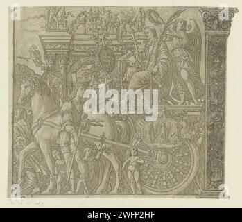 TRIOMFTOCHT van Julius Caesar, Andrea Andreani, nach Bernardo Malpizzi, nach Andrea Mantegna, 1599 Druck. Zeichnung Julius Cäsar sitzt auf einem Auto, das von einem Pferd gezogen wird. Neben dem Pferd steht ein Mann, der einen Stock mit einem Medaillon hält mit den Worten „veni, vidi, vici“ (ich kam, sah, ich habe besiegt). Druckerei: Italien Zeichnung von: MantuaAfter Malerei von: Mantua Papier. Der Tuschestift-Triumph von Cäsar. Römischer Wagen, Quadriga  Triumph. Sprüche, Sprüche usw. Stockfoto