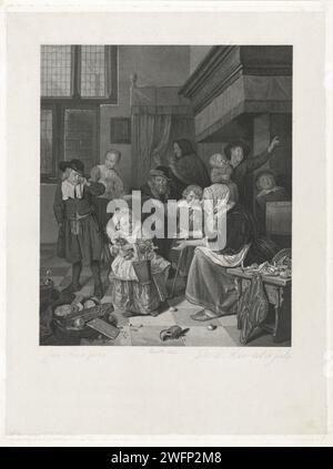 Sint Nicolaasfeest, Johannes de Mare, nach Jan Havicksz. Steen, 1829 Print Interior, in dem eine Familie die Sint Nicolaas Party feiert. In der Mitte ein Mädchen mit einem John the Baptist Pop und einem Eimer mit Süßigkeiten in den Armen. Links ein weinender Junge, der einen Reh im Schuh hat. Neben der Mutter mit ausgestreckten Armen steht ein lächelnder Junge mit Pumpe. Auf dem Boden steht ein Korb mit Kuchen und Sandwiches, einige junge Leute singen ein Sinterklaas-Lied in der Nähe des Schornsteins. Im Hintergrund ein älterer Mann und eine ältere Frau. Amsterdam Papier. Stahlstich-Feierlichkeiten auf St. Nicholas (Eve) (5. Dezember) Stockfoto