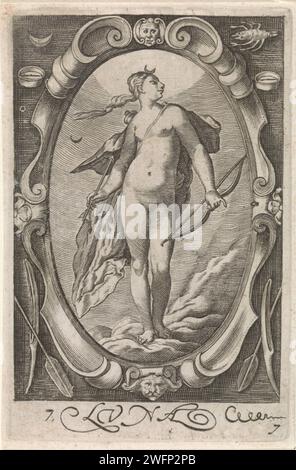 Maan (Diana), anonym, nach Jacob Matham, nach Hendrick Goltzius, 1717–1732 Druck Diana, oder der personalisierte Mond, mit Bogen und Bogen und auf ihrem Kopf die Halbmond. Links neben ihrem Haar astronomisches Symbol. Sie stehen in einer ovalen Kartusche mit den beiden Schildern Mond und Hummer oben. Amsterdamer Papierstich Diana als Mondgöttin, d.h. Luna (Selene). Luna und ihre Kinder („Planetenkinder“) Stockfoto