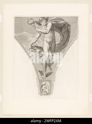 Mercurius, Giovanni Girolamo Frezza, nach Pietro Antonio de Pietri, nach Francesco Albani, drucken 1704 den Gott Mercury mit geflügeltem Helm, geflügelten Sandalen und seinem Mercury-Stab. Die Dekoration eines Pendentivs. Druckerei: RomeAfter Zeichnung von: ItalyAfter Malerei von: ItalyAfter Design von: ItalyVaticaanstad Papierstich (Geschichte von) Mercury (Hermes) Stockfoto