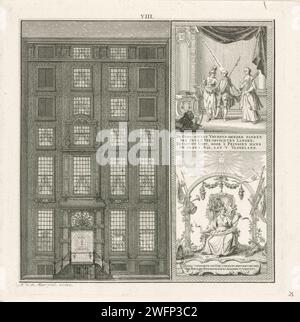 Illuminatia des Hauses von Herrn J.A. Scholten van Aschat in Amsterdam, 1766, Noach van der Meer (II), 1776 Print Beleuchtung der Residenz von Herrn Scholten van Aschat in Amsterdam zu Ehren des Teams von Willem V. als Stadholder 1766. Statthalter Willem V Stadholder Stadholder zwischen Religion und Freiheit. Der Hollandse Leeuw ist am Boden. Unten rechts ist die Personifikation von Gerechtigkeit und Wahrheit auf dem Thron unter der Sonne der Gerechtigkeit und dem allsehenden Auge Gottes. Der Thron ist mit dem niederländischen Löwen mit Freiheitslanze verziert. Oben nummeriert: VIII Amsterdam Verlag: Leiden PA Stockfoto