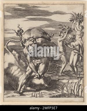 Hercules Worstelt traf Acheloüs, Giovanni Jacopo Caraglio, Florentiner Rote nach, 1515–1565 Druck Hercules in einem Kampf mit dem Flussgott Acheloüs um Deianira, die Tochter des Flussgottes Oeneus. Acheloüs hat die Form eines Bullen angenommen. Eine Gruppe von Nymphen im Hintergrund. Italien Papierstich während des Kampfes mit Herkules verwandelt sich der Flussgott Achelous in einen Stier oder einen Stierköpfigen Stockfoto