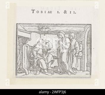 Tobit wird blind, Hans Holbein (II), 1538 Print Tobit sitzt in einem Stuhl neben dem Kamin wie ein Vogelnest, hängt an den Deckenbalken, Vogelkot fällt herunter. In seinen Augen endet das und der Mann wird blind. Neben Tobit sind seine Frau Anna und sein Sohn Tobias. Am Rand über dem Bild befindet sich der Text Tobiae I & II [Tobit 2]. Papier ein Vogel fällt in Tobits Augen Stockfoto