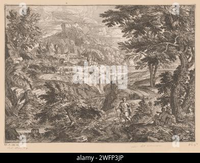 Landschaft mit einem Mann und einer Frau, die unter einem Baum sitzen und einem stehenden Mann auf einem Weg, Georges Focus, 1651 - 1708 Druckpapier, das Landschaften graviert (+ Landschaft mit Figuren, Personal). (Traveller) im Freien ausruhen Stockfoto