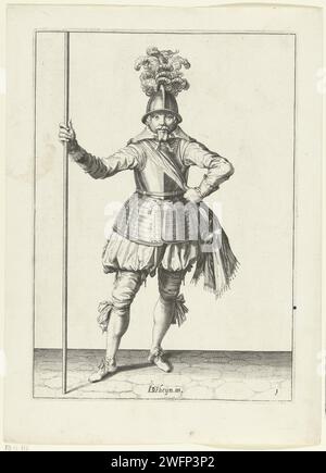 Soldat, von vorne gesehen, mit der rechten Hand seine Spieße aufrecht halten, Jacques de Gheyn (II) (Werkstatt oder), nachdem Jacques de Gheyn (II), 1597–1607 Einen Soldaten drucken, der mit der rechten Hand einen Spieß (Lanze) hält. Dieser Druck ist Teil der Serie von 32 nummerierten Abzügen von Spießen aus der Arms Handling. Niederlande Papiergravurmanöver  militärische Ausbildung. Kriegsführung; militärische Angelegenheiten (+ Söldnertruppen, z. B.: Lansquenets). Helved-Waffen, Polearms (zum Schlagen, Hacken, Schieben): lance Stockfoto