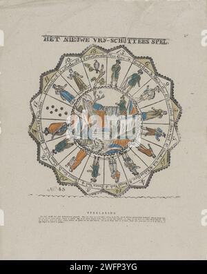 Das neue Vry-Schutters-Spiel, 1801 - 1850 Print. Gameboard Brettspiel nach der Oper der Freischütz. In den verschiedenen Fächern des runden Spielbretts Figuren aus der Oper. Die Regeln im Buchdruck in der Mitte. Unten links nummeriert: Nr. 45. Verlag: Amersfoortprint Maker: Niederlande Papier Buchdruck Brettspiele von Chance. Brettspiele. oper Stockfoto