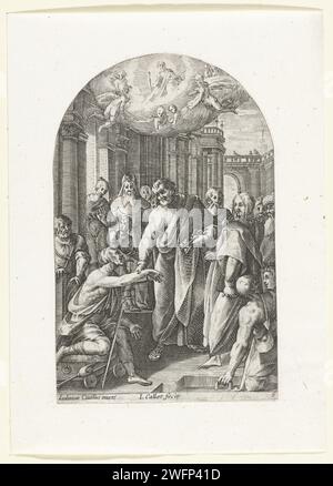 Petrus und Johannes heilen einen gelähmten Mann am Tempeltor, Jacques Callot, nach Cigoli, 1608–1611 Druck Peter nimmt die Hand eines Mannes, der an einem Tor sitzt. Johannes ist daneben. Christus erscheint am Himmel. Dieser Druck ist Teil einer Serie von 29 Darbietungen von Gemälden und Skulpturen in Kirchen in Rom, nummeriert 1-16 und 1-13. (Der erste Zustand dieser Serie, in dem die Ausdrucke nicht nummeriert sind, enthält auch einen Titeldruck.) Rom Papiergravur Heilung eines lahmen Bettlers am wunderschönen Tor des Tempels von Peter und Johannes (Apg 3 - 4:31). Behinderungen, Deformationen Stockfoto