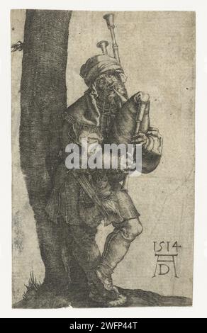 Der Dudelsackspieler Anonymous, nach Albrecht Dürer, 1514 Druck Ein Mann spielt Dudelsack, lehnt sich an einen Baum. Deutschland (möglicherweise) Papiergravur Dudelsack, Musette. Eine Person spielt Blasinstrument Stockfoto