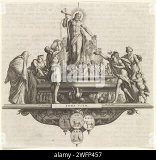 Emblem: Fontein, Jan Goeree, 1722 Christus auf einem Brunnen. Sein Blut fließt in den Brunnen. Er ist die Quelle des Lebens (Fons Vitae), in der die Menschheit verschwenderisch wird. Druckerei: Amsterdampublisher: Amsterdampublisher: Dordrecht Papierstich 'Fons vitae', 'Fons pithitis' Christus steht auf oder in der Nähe eines Gründers und vergießt sein Blut Stockfoto