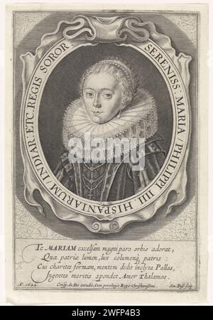 Porträt von Maria Anna van Austria, Simon van de Passe, 1622 Druck Porträt von Maria Anna von Österreich, als Infante von Spanien. Am Rand des Rahmens Name und Funktion der dargestellten Person in lateinischer Sprache. Am Rand eine vierzeilige Unterschrift in lateinischer Sprache. Londoner Papierstich Stockfoto