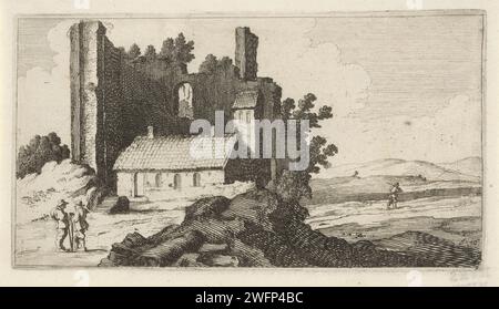 Kapelle in einer Ruine, Gillis van Scheyndel (I), nach Antoine Perelle, 1640 - 1706 Drucken Ansicht einer hügeligen Landschaft mit einer Kapelle in einer Ruine. Im Vordergrund stehen zwei Männer im Gespräch. Der Druck ist Teil einer Serie von zwölf Landschaften. Amsterdamer Papierkloster  Kloster. Landschaft mit Ruinen Stockfoto