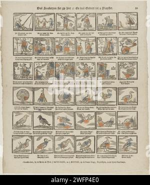 Viele Schlangensiet gy hier // und viel Tier für Sie Playsier, ca. 1782 - ca. 1793 Print Blatt mit 36 Darbietungen verschiedener Figuren und Vögel. Eine Beschriftung unter jedem Bild. Oben rechts nummeriert: 92. Verlag: Amsterdamprint Maker: Niederlande Papier Buchdruck Vögel. Menschliche Typen Stockfoto