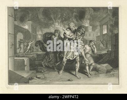 Aeneas übergibt seinen Vater an den Burning Troy, Bernard Picart (Werkstatt oder), nach Bernard Picart, 1731 Druck Aeneas flüchtet nachts aus dem Burning Troy und trägt seinen Vater Anchises auf dem Rücken aus der Stadt. Er hält seinen Sohn Ascanius an der Hand. Seine Frau Creusa ist immer noch hinter ihnen her. Mit leerem Rand. Amsterdamer Papiergravur „Pius Aeneas“: Aeneas, der Ascanius anführt, entkommt aus dem brennenden Troja und trägt seinen Vater Anchises mit den Penaten; seine Frau Creusa, die mit ihnen aufbricht, ist auf dem Weg verloren Stockfoto