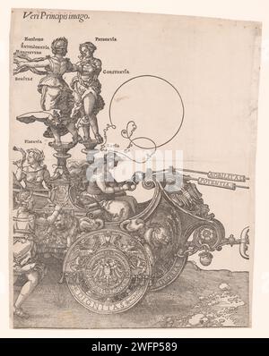 Triumphwagen von Kaiser Maximilian I., Hans Guldenmund, nach Albrecht Dürer, 1545 druckte der große Triumphwagen zu Ehren Kaiser Maximilians I. nach seinem Tod am 12. Januar 1519. Zweites Magazin mit dem rechten Teil des Triumphwagens mit dem Tugendverhältnis und Fidentia. Druckerei: Deutscher Verlag: Antwerpener Papierwagen, Triumphwagen Stockfoto