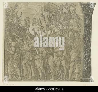 TRIOMFTOCHT van Julius Caesar, Andrea Andreani, nach Bernardo Malpizzi, nach Andrea Mantegna, 1599 Druckerei: Italien Zeichnung von: MantuaAfter Malerei von: Mantua Papier Triumph von Caesar. Horn, Trompete, Kornett, Posaune, Tuba. Leier, Zithara, Psalter. Tambourin. Romulus und Remus werden an Land gespült und von einer Wolfsfrau gesaugt; 'Lupa Romana' Stockfoto