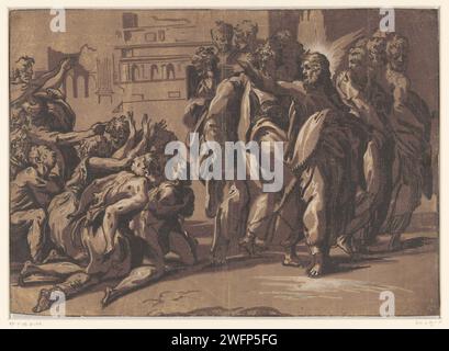 Christus heilt Aussätzige, Niccolò Vicentino, nach Parmigianino, ca. 1540–1550 Druck Christus mit den Aposteln und einer Gruppe bettelnder Aussätziger. Italienpapier Christ Healing Leprakranke Stockfoto