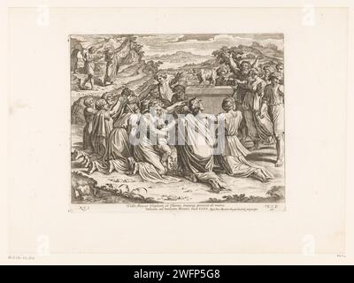 Verehrung des Goldenen Kalbes, Nicolas Chaperon, nach Rafaël, 1649 Druckerei: Franziskus Malerei von: VaticaanstadVerlag: Paris Papier zur Verehrung des goldenen Kalbes  Aaron (2. Mose 32:1-19). Als Moses die Götzendiener sieht, bricht er den Tisch des Gesetzes Stockfoto