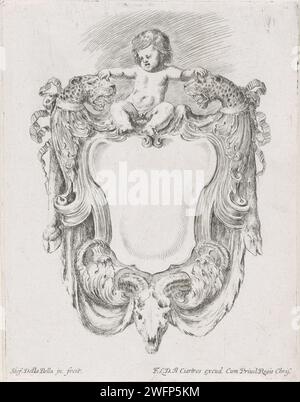 Cartouche mit einem Putto, zwei Leopardenköpfen und einem Schädel eines Widders, Stefano della Bella, 1646 Druckerei: FranceAfter eigenes Design von: Francepublisher: ParisFrance Papierätzung Ornament  Cartouche. Cupiden: 'amores', 'amoretti', 'Putti'. Raubtiere, Raubtiere: panther. ram's Kopf  Ornament Stockfoto