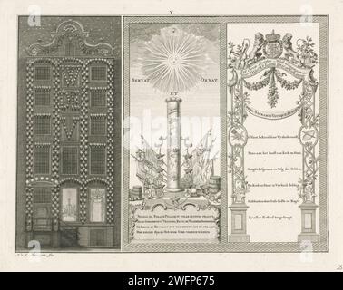 Beleuchtung und Dekoration des Hauses von Herrn C. Scholten van Aschat in Amsterdam, 1766, Noah van der Meer (II), 1776 drucken die Beleuchtung der Fassade und zwei Dekorationen hinter den Fenstern des Hauses von herrn. C. Scholten van Aschat in Amsterdam. Anlässlich der Mehrheit von Prinz Willem V. am 8. März 1766. Oben nummeriert: X. Druckerei: AmsterdamVerlag: Leiden Papierätzung Lagerfeuer, Feuerwerk - AA - Feste auf dem Wasser (+ Beleuchtung, Feuerwerk  festliche Aktivitäten) Stockfoto