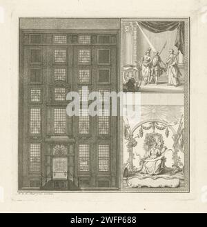 Illuminatia des Hauses von Herrn J.A. Scholten van Aschat in Amsterdam, 1766, Noach van der Meer (II), 1776 Print Beleuchtung der Residenz von Herrn Scholten van Aschat in Amsterdam zu Ehren des Teams von Willem V. als Stadholder 1766. Statthalter Willem V Stadholder Stadholder zwischen Religion und Freiheit. Der Hollandse Leeuw ist am Boden. Unten rechts ist die Personifikation von Gerechtigkeit und Wahrheit auf dem Thron unter der Sonne der Gerechtigkeit und dem allsehenden Auge Gottes. Der Thron ist mit dem niederländischen Löwen mit Freiheitslanze verziert. Amsterdamer Papier, das öffentliche Feierlichkeiten ausgraviert. Freiheit, Lib Stockfoto