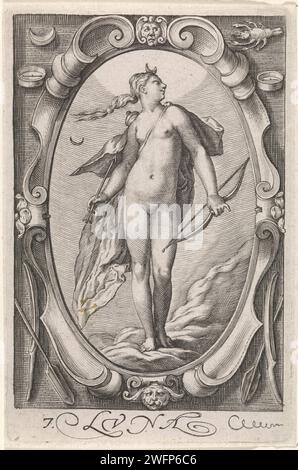 Maan (Diana), Jacob Matham, nach Hendrick Goltzius, 1597 Druck Diana, oder der personalisierte Mond, mit Bogen und Bogen und auf ihrem Kopf die Halbsichel. Links neben ihrem Haar astronomisches Symbol. Sie stehen in einer ovalen Kartusche mit den beiden Schildern Mond und Hummer oben. Haarlem Papier mit Diana als Mondgöttin, d.h. Luna (Selene). Luna und ihre Kinder („Planetenkinder“) Stockfoto