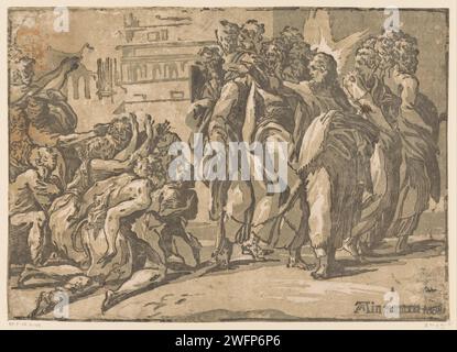 Christus heilt Aussätzige, Niccolò Vicentino, nach Parmigianino, 1608 Druck Christus mit den Aposteln und einer Gruppe bettelnder Aussätziger. Druckerei: Italien Verlag: Mantua Papier Christ Healing Leprakranke Stockfoto