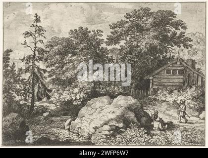 Landschaft mit drei Personen an einem Felsen, Allaert van Everdingen, 1631 - 1675 Drucken Blick auf einen großen Felsen am Ufer eines Flusses mit Wasserfall. Zwei sitzen und ein stehender Mann neben dem Felsen. Im Hintergrund ein Holzhaus und ein Korbdach zwischen den Bäumen. Niederlande Papierätzsteine (+ Landschaft mit Figuren, Personal) Stockfoto