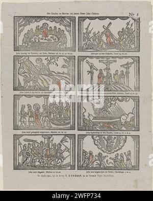 Die Leyden und das Sterben unseres Herrn Jesus Christus, 1831–1854 Print Blatt mit 8 Darbietungen aus dem Leben Christi, wie das Letzte Abendmahl, die Kreuzunterstützung und die Himmelfahrt Christi. Unter jeder Aufführung eine Beschriftung und einen Verweis auf den entsprechenden Bibeltext. Rechts oben nummeriert: Nr. 5. Amsterdam Verlag: Amsterdamprint Maker: Niederlande Papier Buchdruck Neues Testament. Eine Reihe von Szenen aus dem Leben Christi. Die Episode des Letzten Abendmahls. Christus von einer Wolke eingenommen  Himmelfahrt Stockfoto
