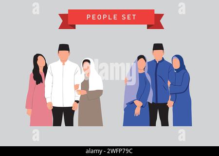 Muslimische Menschen in traditioneller Kleidung. Vektorabbildung in flacher Form auf grauem Hintergrund. Stock Vektor