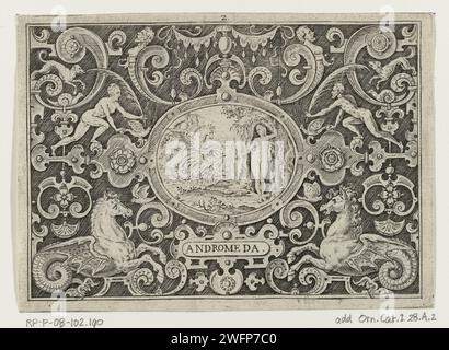 Perseus befreit Andromeda, 1584 gedruckte Cartouche mit Perseus, der auf dem Pegasus-Pferd sitzt und gegen das Meeresungeheuer kämpft. Auf der rechten Seite ist andromeda an den Felsen gekettet. Ovale Kartusche im Rahmen von Figuren und Meeresmonstern vor schattiertem Hintergrund. Niederlande (möglicherweise) Papiergravur Perseus tötet das Meeresungeheuer (oder verwandelt es in Stein, indem er ihm den Kopf des Gorgons zeigt), um Andromeda freizulassen; manchmal beobachten ihre Eltern Cepheus und Cassiopea die Szene. Ornament  Kartusche. Seepferd, Hippocamp, Hippocampus, (Pferd/Fisch) (mythologisches Hybridmonster) Stockfoto