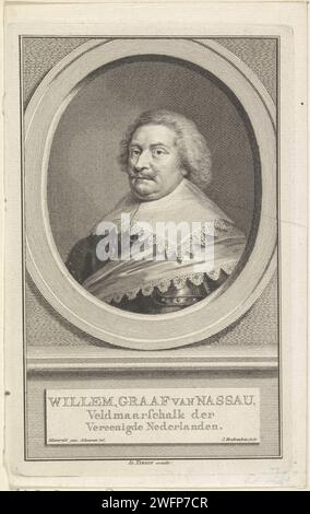 Porträt von Willem, Graf von Nassau-Siegen, 1749–1759 Druck Porträt von Willem in einem Oval. In einem Rahmen befinden sich Name und Titel. Amsterdamer Papierstich Stockfoto