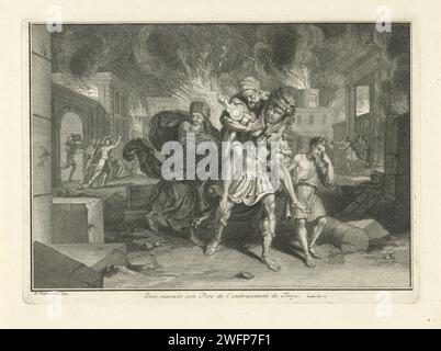 Aeneas übergibt seinen Vater an den Burning Troy, Bernard Picart (Werkstatt oder), nach Bernard Picart, 1731 Druck Aeneas flüchtet nachts aus dem Burning Troy und trägt seinen Vater Anchises auf dem Rücken aus der Stadt. Er hält seinen Sohn Ascanius an der Hand. Seine Frau Creusa ist immer noch hinter ihnen her. Amsterdamer Papiergravur „Pius Aeneas“: Aeneas, der Ascanius anführt, entkommt aus dem brennenden Troja und trägt seinen Vater Anchises mit den Penaten; seine Frau Creusa, die mit ihnen aufbricht, ist auf dem Weg verloren Stockfoto