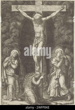 Kruisiging Van Christus, Giorgio Ghisi, 1530 - 1582 Print Cross-Killing of Christ on Golgota. Christus hängt am Kreuz. Maria, Maria Magdalena und Johannes, der Evangelist, sind wahnsinnig unter dem Kreuz. Italien Papier mit Gravur der Kreuzigung Christi: Christi Tod am Kreuz; Golgatha (Matthäus 27:45-58; Markus 15:33-45; Lukas 23:44-52; Johannes 19:25-38) Stockfoto