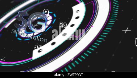 Bild der 5g 5. Generation und Nummernwechsel beim Scannen des Oszilloskops auf schwarzem Hintergrund Stockfoto