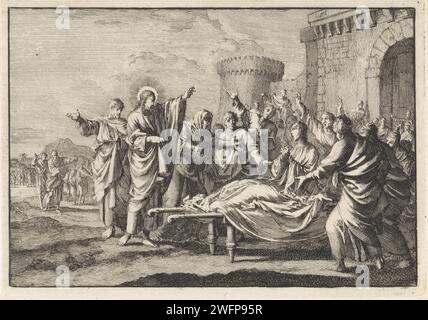Opwekking the Young man in NaIn, Jan Luyken, 1703 Print Maker: Haarlem Publisher: Amsterdam Paper Etching Christ berührt das Bier des Sohnes der Witwe von Nain: Der junge Mann setzt sich auf Stockfoto