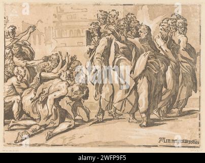 Christus heilt Aussätzige, Niccolò Vicentino, nach Parmigianino, 1608 Druck Christus mit den Aposteln und einer Gruppe bettelnder Aussätziger. Druckerei: Italien Verlag: Mantua Papier Christ Healing Leprakranke Stockfoto
