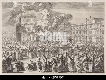 Initiation des Tempels von Salomon, Jan Luyken, 1700 Druck auf dem Platz vor dem Tempel von Salomon, der Tempel wird mit Festlichkeiten eingeweiht. König Salomon kniet auf einer Höhe. Im Hintergrund der Tempel und ein großer Altar, wo Opfer gebracht werden. Gott erscheint am Himmel wie eine dunkle Wolke. Amsterdamer Papierätzgebet Salomos; Salomo kniet vor dem Altar. Die Bundeslade wird in den Tempel gebracht; eine Wolke füllt das Haus des Herrn Stockfoto