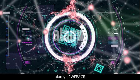 Abbildung des Scannens des Scope und der qr-Code-Online-Sicherheit mit einem Netzwerk von Verbindungen im Hintergrund Stockfoto