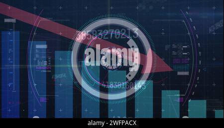 Bild des Pfeils nach unten mit Statistiken, Zahlen und Scans im Hintergrund Stockfoto