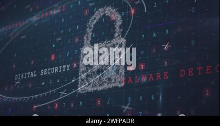 Bild: Scope-Scan, Online-Sicherheitsvorhängeschloss mit Warntext für Cyber-Angriffe im Hintergrund Stockfoto