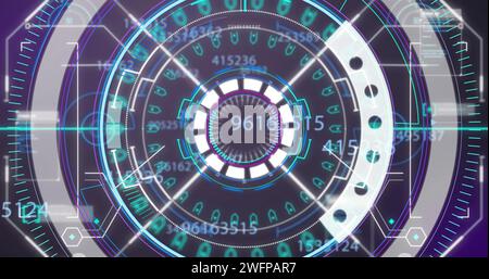 Bild von Zahlenänderungen, Scans und Datenverarbeitung über Raster im Hintergrund Stockfoto