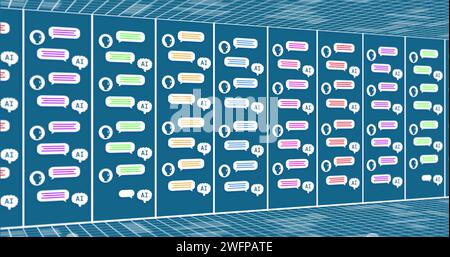 Bild der Datenverarbeitung von KI über KI-Symbole mit Computerservern Stockfoto