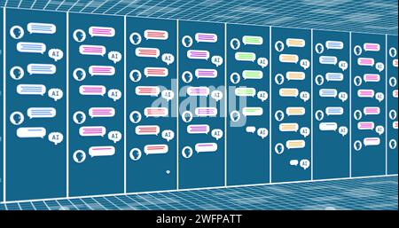 Bild der Datenverarbeitung von KI über KI-Symbole mit Computerservern Stockfoto