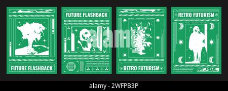 Designvorlage für Poster im y2k-Stil mit Bitmap-Bildern auf grünem Hintergrund. Set aus Bannerschablone in Cyber 2000er-Ästhetik mit säurehaltigen futuristischen Silhouettenelementen und Typografie im Retro-Look. Stock Vektor
