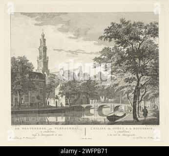 Blick auf die Westerkerk und Westerhal, von der Keizersgracht aus gesehen, Paulus van Liender, nach Jan de Beijer, 1760 - 1783 Print Blick auf die Westerkerk und das Westerhal (als Fleischhalle genutzt), von der Keizersgracht aus gesehen. Unter der Show der Titel in Niederländisch und Französisch. Rechts oben nummeriert: 5. Verlag: AmsterdamVerlag: Paris Kirche mit Papiergravur und Gravur (außen). Markthalle. Kanäle, Gewässer (in der Stadt). Brücke in der Stadt über Fluss, Kanal usw. (+ Stadt (-Landschaft) mit Zahlen, Personal). Wieghaus Westerkerk. Westerhal. Westermarkt. Keizersgracht Stockfoto