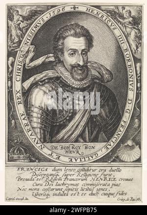 Porträt von Hendrik IV., Crispijn van de Passe (I), 1596 gedruckt Porträt von Heinrich IV., König von Frankreich und Navarra, sind darunter in lateinischer Sprache. Am Rand des Rahmens Name und Funktion der dargestellten Person in lateinischer Sprache. Am Rande ein sechszeiliges Lob in lateinischer Sprache. Kölner Papierstich Stockfoto