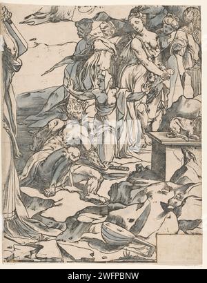 Mozes Breaks the Tables of the Law (dritter Teil), Andrea Andreani, nach Francesco Vanni, nach Domenico Beccafumi, 1590 Druck Moses hält eine Steintafel über seinem Kopf, bereit, sie auf den Boden zu werfen. Rechts das Goldene Kalb, das vom Volk geehrt wird. Links die Israeliten, die Goldschmuck ins Feuer werfen, um das Goldene Kalb zu schmieden. Druckerei: Italien Design von: Siena Paper. Pinsel / Stift beim Ansehen der Götzendiener Moses bricht die Tabellen des Gesetzes. Laute und spezielle Lautenformen, z. B. Theorbo. Flöte, Aulos, Tibia Stockfoto