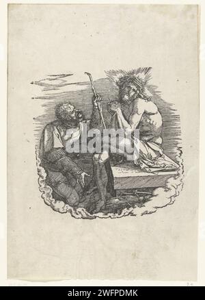 Christus wie ein Mann der Kummer, verspottet von einem Soldaten, Albrecht Dürer, 1511 Druck Christus sitzt auf einem Steinblock, die Dornenkrone auf dem Kopf. Ein Soldat kniet vor ihm und will ihm einen Ast wie ein Zepter in die Hände schieben. Dieser Druck ist der Titelabdruck für die Presseserie „die große Passion“, bestehend aus diesem Titelabdruck und 11 Szenen aus der leidenden Geschichte. Nürnberger Schmerzensmann, Imago pietatis, ErbÃ¤rmdebild, Schmerzensmann; der aufrechte Christus zeigt seine Wunden, meist mit Dornenkrone, begleitet von den Instrumenten der Passion, stehend oder Stockfoto