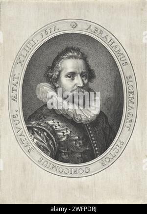 Porträt von Abraham Bloemaert, Willem Isaacsz. Van Swanenburg, 1611 Druck Porträt des Malers, Zeichners und Druckers Abraham Bloemaert, im Alter von 44 Jahren. Leiden Papiergravur Porträt, Selbstporträt des Malers Stockfoto